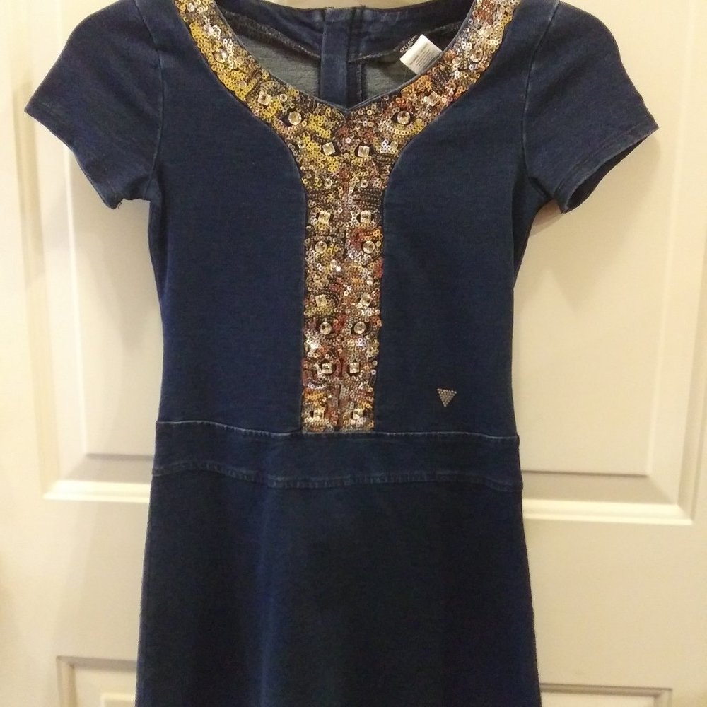 GIRLS GUESS SILVER SEQUINED DENIM DRESS - SIZE 7/8 - NEW